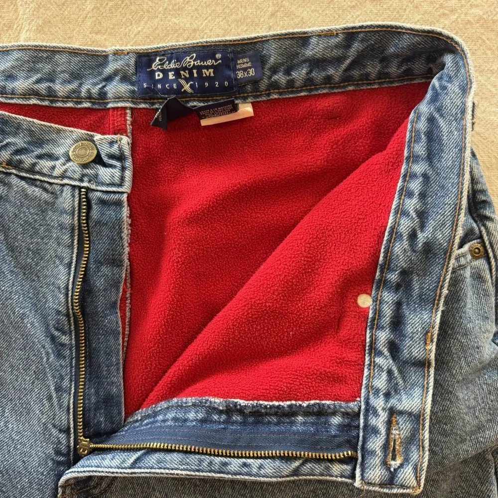 Eddie Bauer USA Made Red Fleece Lined Tapered Jeans Mens 34x29 Denim Relaxed
